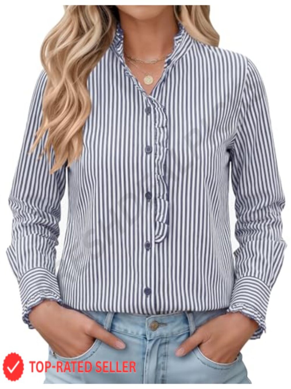 Womens Long Sleeve Button Down Shirt Dressy Casual Ruffle Blouse Cotton Top